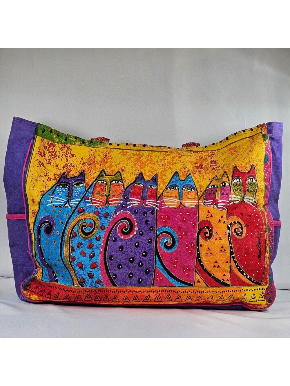 Vtg Laurel Burch Fantastic Felines Canvas Tote Bag Purple Large Cat Print Bag